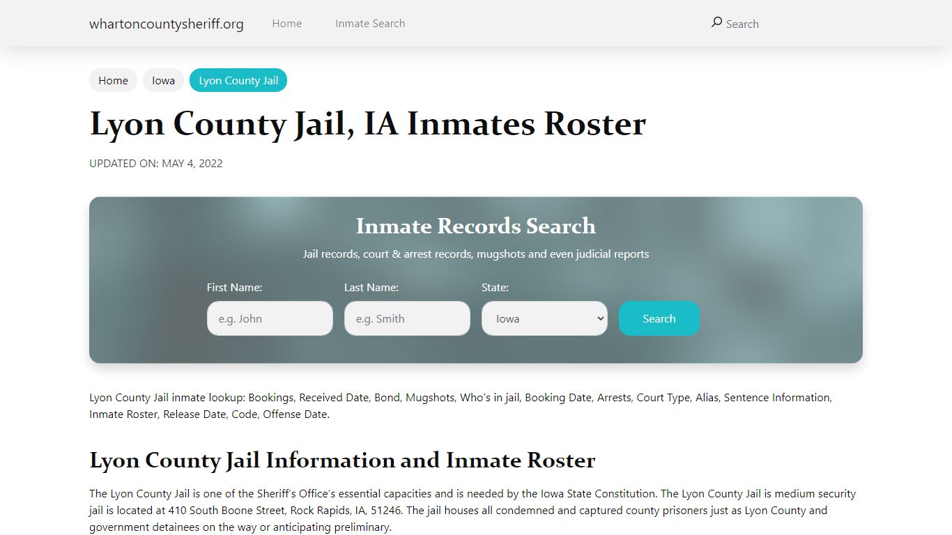 Lyon County Jail, IA Jail Roster, Name Search